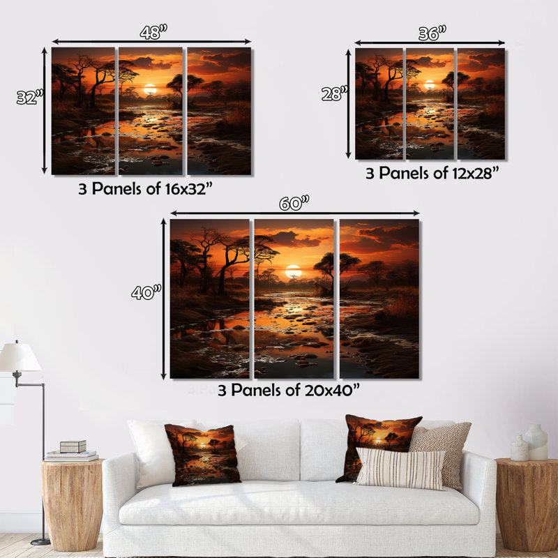«African Sunset Oasis I» sur toile, reproduction de 3 pièces, H 28 po x l 36 po x P 1 po