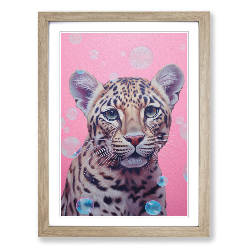 Leopard Bubble Gum Painting - Single Picture Frame Print on Wood, Oak, 34cm H x 25cm W x 2cm D