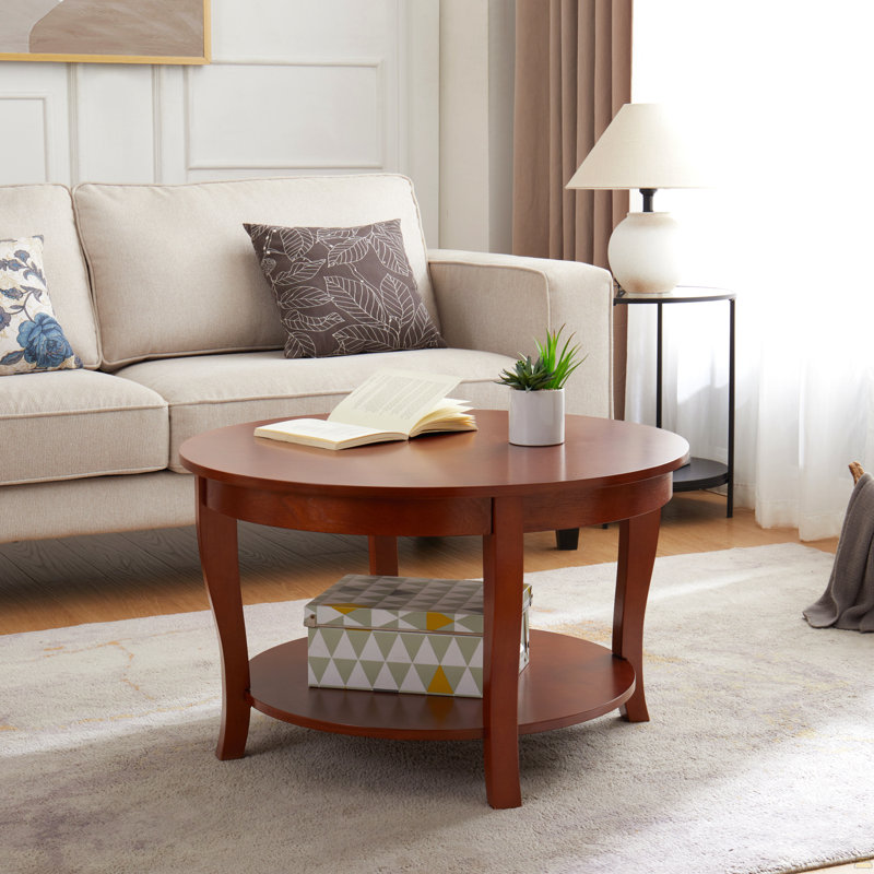 Table basse ronde avec tablette de rangement ouverte, table d'appoint en bois à 2 niveaux