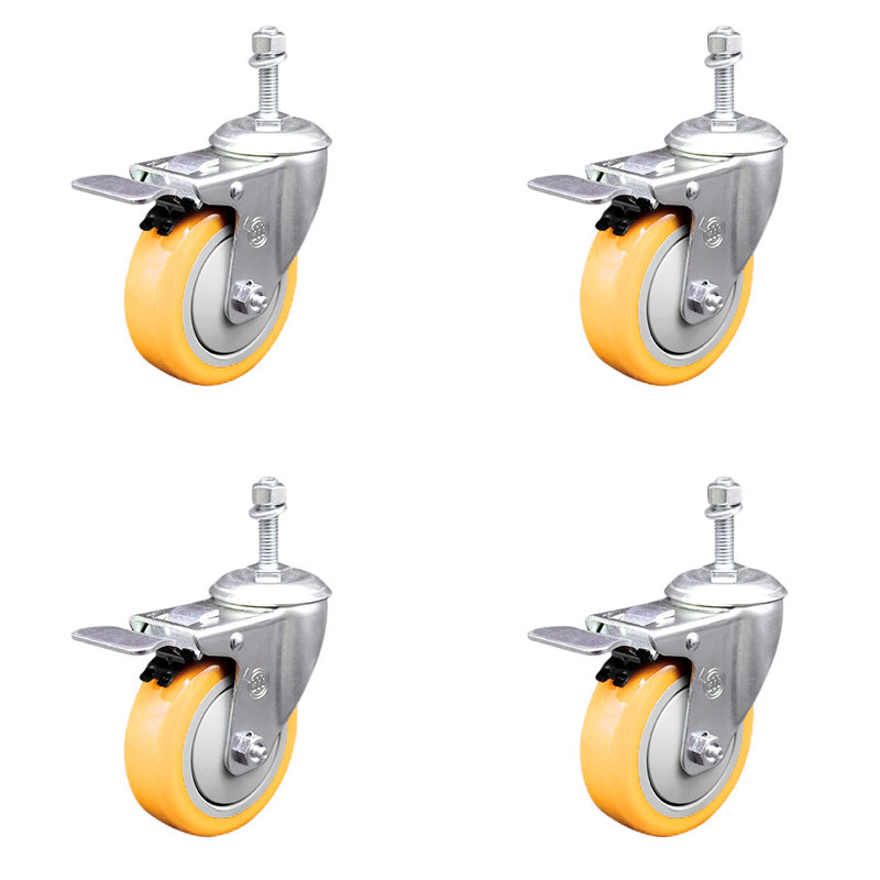 Polyurethane Swivel 3/8 Inch Stem Caster Set with Total Lock Brake
