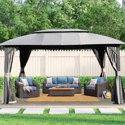 Pavillon de jardin gris 10 pi x 14 pi Double toit, filet, rideaux imperméables. Structure en métal robuste. Tissu. Pour le patio, la cour arrière. Terrasse extérieure, pelouse