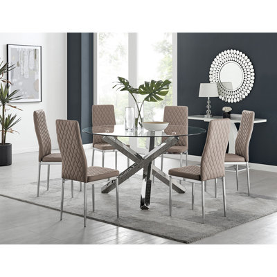 Ensemble de table de salle à manger Harper en verre et chrome avec 6 chaises rembourrées en similicuir Harper