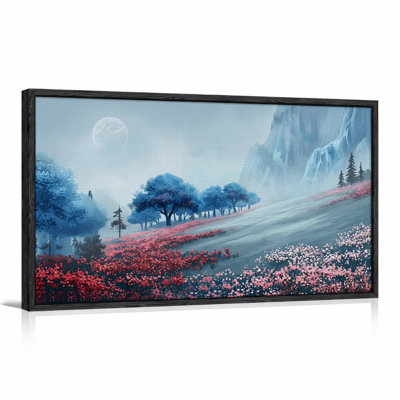 Toile rose sur fond de fleur rose, arbres bleus, montagne brumeuse au clair de lune