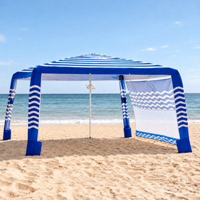 Cabane de plage portative de 2,4 m x 2,4 m avec parois latérales, protection solaire UPF 50+, revêtement argenté, installation facile et résistante au vent, hauteur réglable, bleu marine
