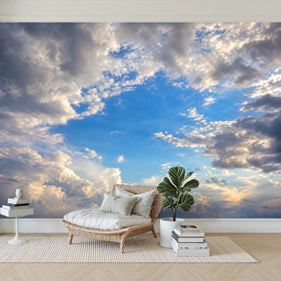 Papier peint adhésif peler et coller Dreamy Sky Clouds Teintes bleues douces autocollant amovible en papier contact mural pour le salon Chambre à coucher H 100 po x l 144 po