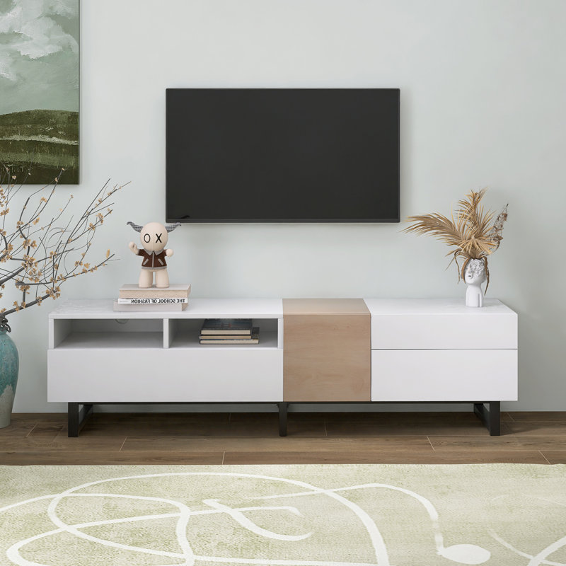 Modern TV Stand for 80'' TV with Double Storage Media Console Table Entertainment Center, Natural Wood/Gray