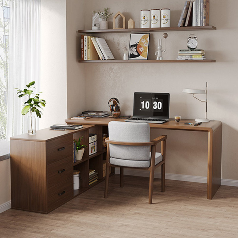 Ensemble de bureau en bois massif en L 86,61 "noyer foncé