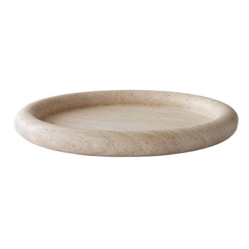 Petit plateau rond en travertin crème, H 1,6 po x l 8 po x P 8 po