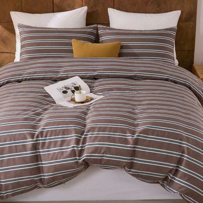 Ensemble de housse de couette pour très grand lit, gaze double 100% coton, literie en mousseline à rayures café foncé, ensemble de literie moderne et respirant, 3 pièces