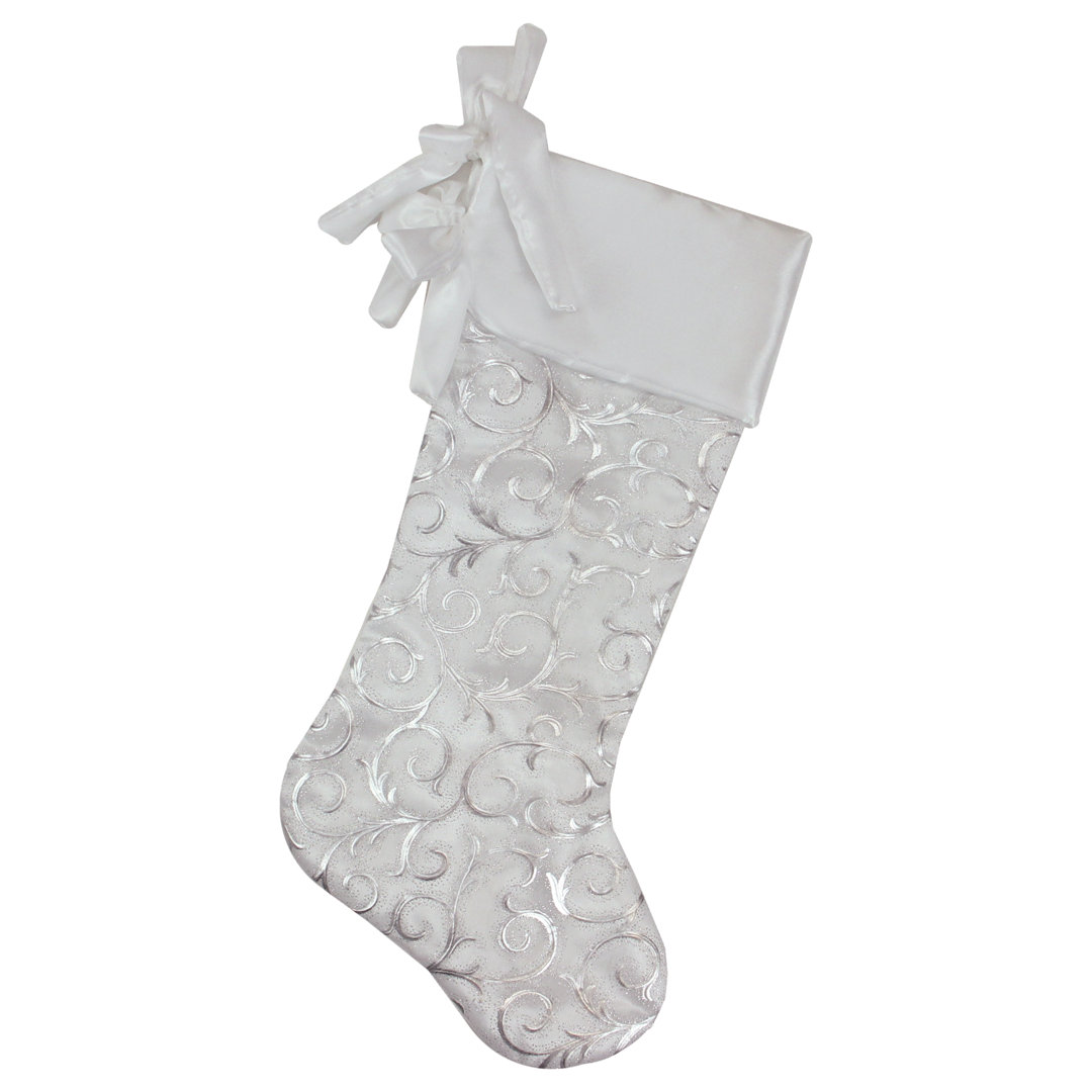 19" White and Silver Filigree Christmas Stocking with Bows The Holiday Aisle®