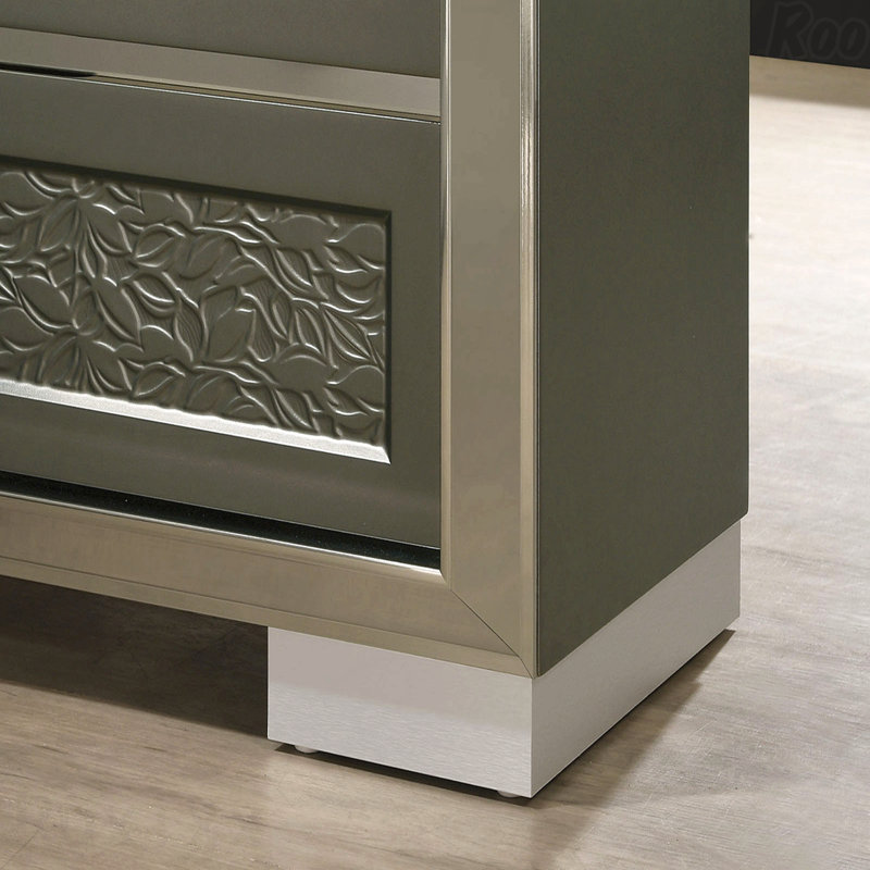 Table de chevet 1 pièce gris foncé, style contemporain avec moulure à motif de feuilles et pieds entre crochets