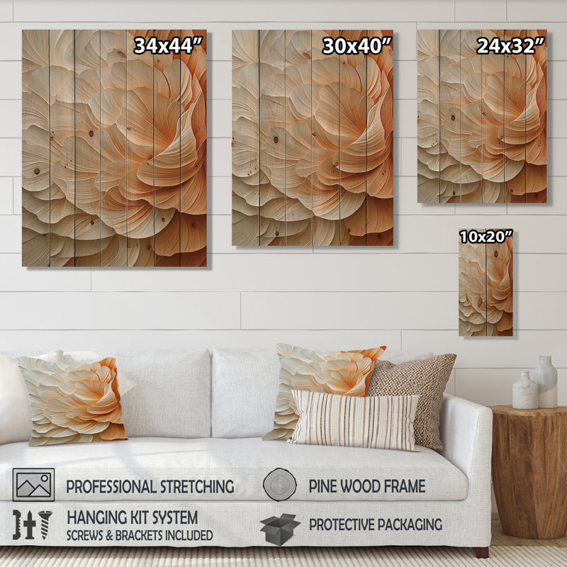 Blush of Dawn, pivoine beige III - Art mural moderne sur bois de pin naturel, H 32 po x l 24 po x P 0,78 po