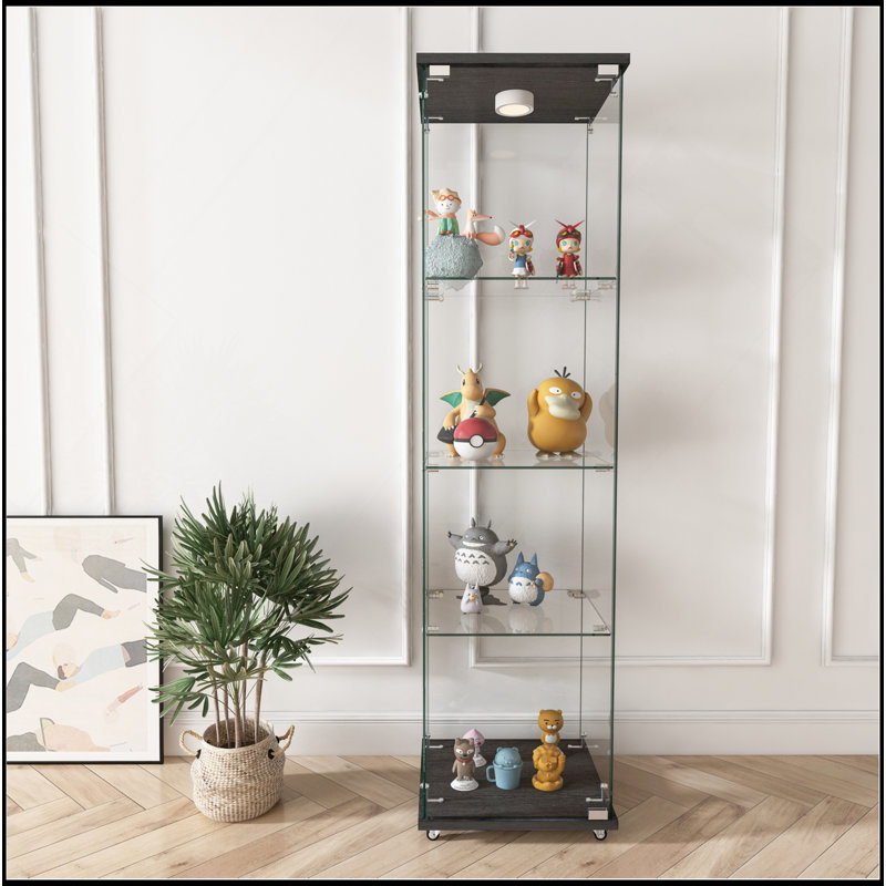 Modern Glass Display Cabinet With LED Lights, Quick-Assembly Antique Cabinet, Tempered Glass Bookshelf, Suitable For Living Room And Bedrooms, 1-Door 4-Shelf