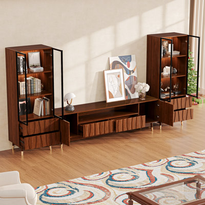 125.9'' Walnut Finish Entertainment Center for TVs up to 75", Mid-century Modern Wood Media Console Includes TV Stand with Storage and Two 3-tier Display Case with 2 Drawers for Living Room and Bedroom, Brown