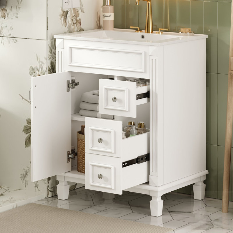 Meuble-lavabo de salle de bain avec lavabo en céramique, conception compacte pour petits espaces, armoire moderne avec 2 tiroirs et tablette réglable