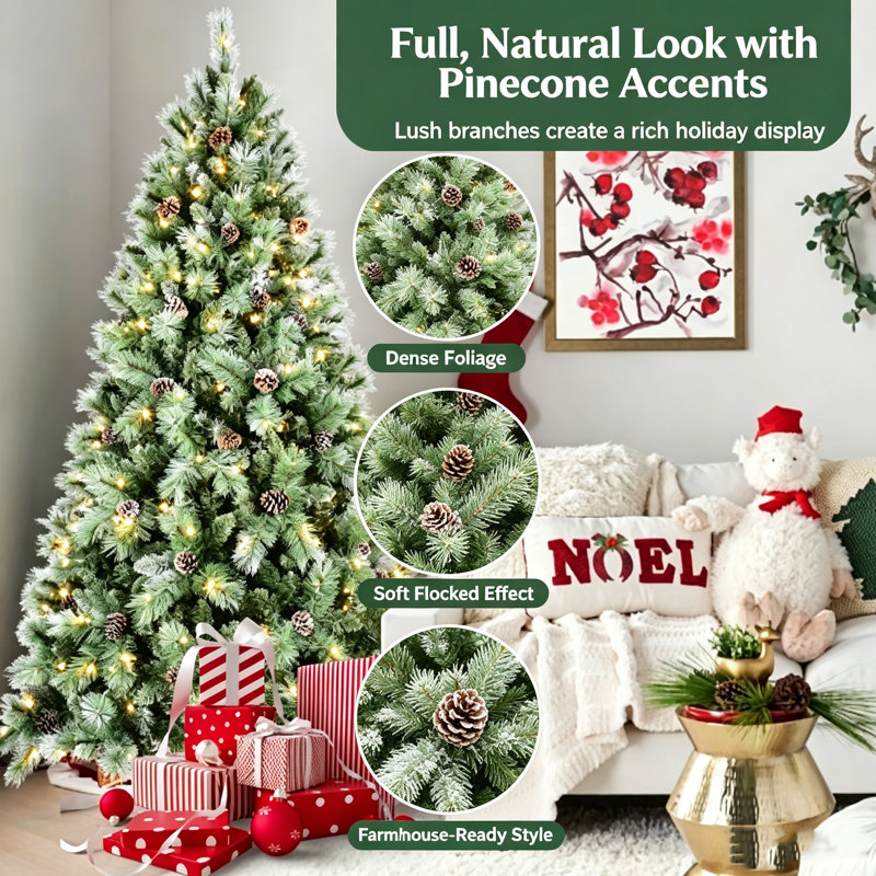 Sapin de Noël artificiel ultra réaliste de 2,74 m (9 pi), préilluminé avec 700 DEL blanc chaud, pommes de pin rustiques, branches articulées pour une installation rapide, grande décoration saisonnière pour la maison
