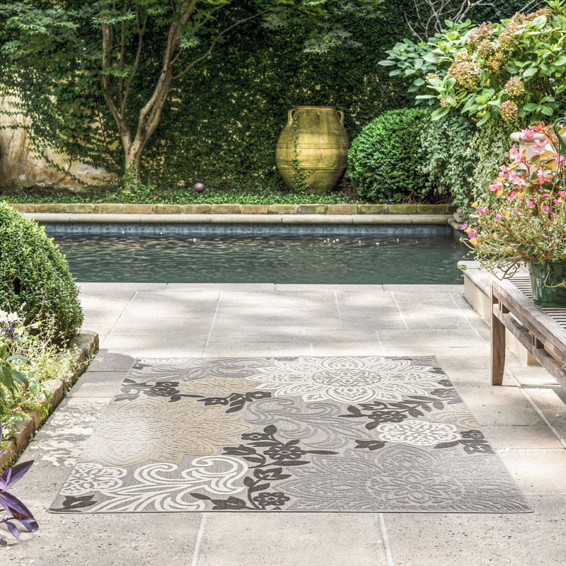 Floral Flatweave Water Resistant Indoor Outdoor Rugs for Patios, Deck, Porch or Entryway, Rectangle 8'10'' x 12'2''