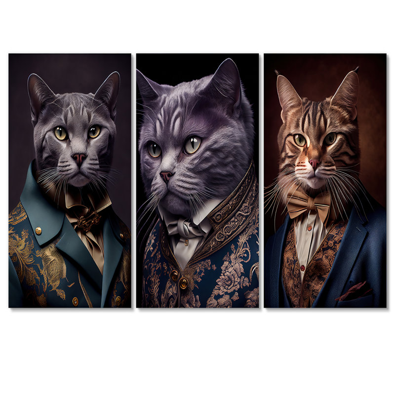 «Elegant Cat In Fancy Blue Fashion Design I», reproduction sur toile 3 pièces, H 32 po x l 48 po x P 1 po