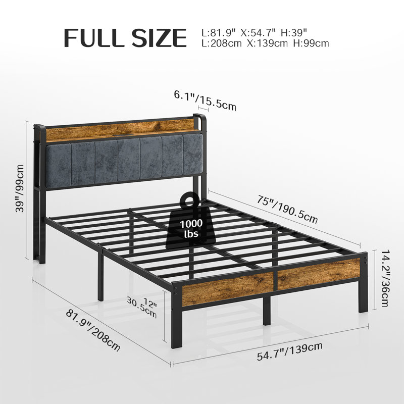 Carlno Full Bed Frame with Headboard, Metal Platform Bed with Smart LED Lights and USB Charging Station Kenessa