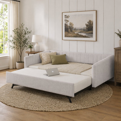 Lit de jour rembourré avec lit gigogne escamotable, structure de canapé beige en tissu de lin capitonné à rayures verticales, lit de repos d'invité robuste pour chambre à coucher, salon, chambre d'amis