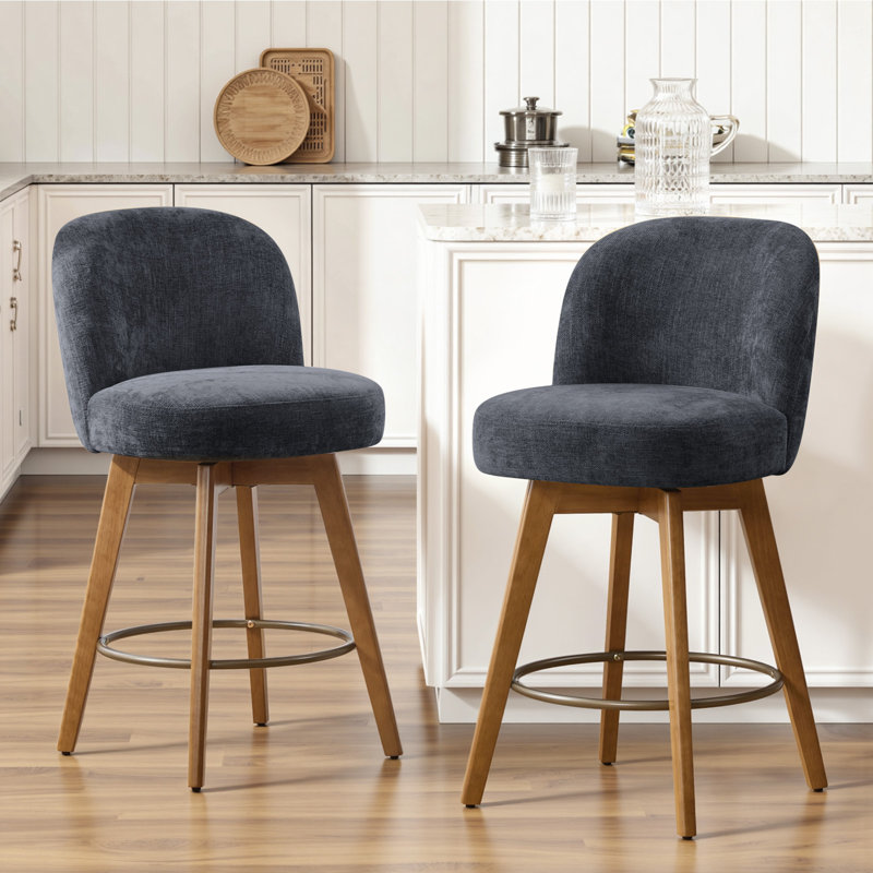 Tabouret de comptoir pivotant 26 po avec structure en bois massif et dossier moyen, Gris bleuâtre / chenille