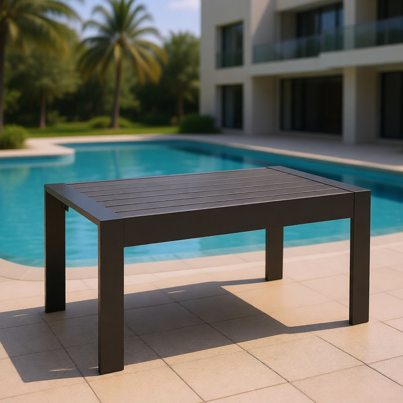 Table basse d'extérieur 43 po en aluminium gris, table basse rectangulaire avec plateau à lattes, anti-rayures et facile à nettoyer, plateau de table, rouille