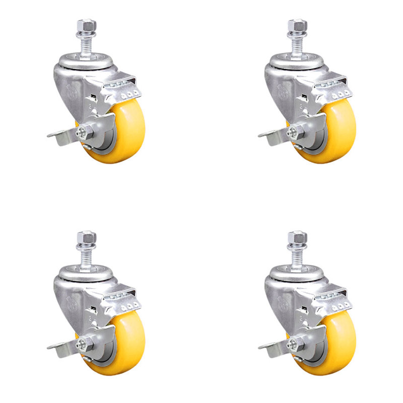 3 Inch_Polyurethane Swivel ½ Inch Threaded Stem Caster Set with Brake SCC, Yellow