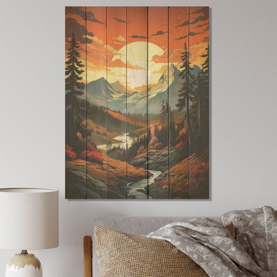 Coucher de soleil sur la montagne Riverview I - Forêt et rivière sur bois