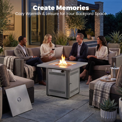 28-Inch Propane Fire Pit Table, Outdoor Gas Firepit with Lava Rocks & Lid for Outside Garden, Deck, Patio - Hammered Silver