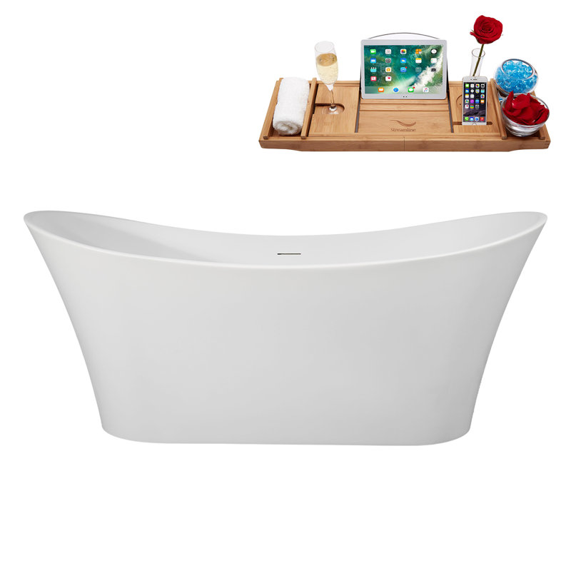 67" Streamline Soaking Matte White Freestanding Tub and Tray, Drain, Brushed Gold