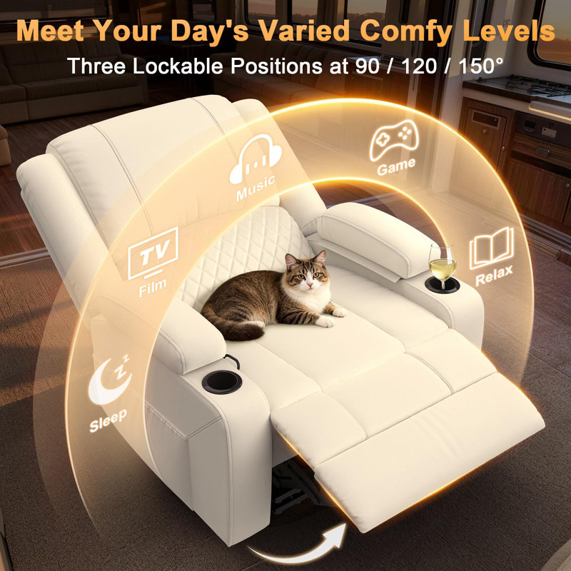 Single Recliner Sofa for RV & Home, 3-Position Recliner with Arm Storage and Side Pocket, Faux Leather, White