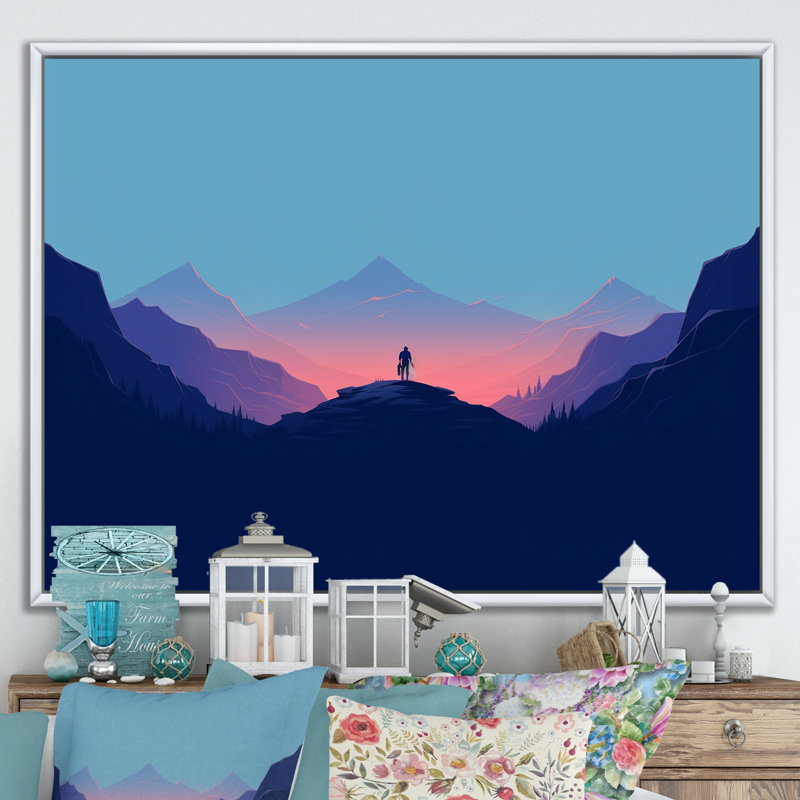«Man Alone On A Bold Landscape Sunrise On», reproduction sur toile, Cadre flottant blanc, H 34 po x l 44 po x P 1,5 po
