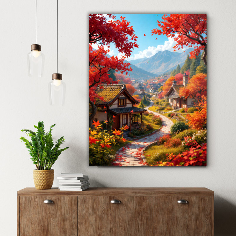 Art mural en verre trempé Autumn Village, 30" H x 20" W
