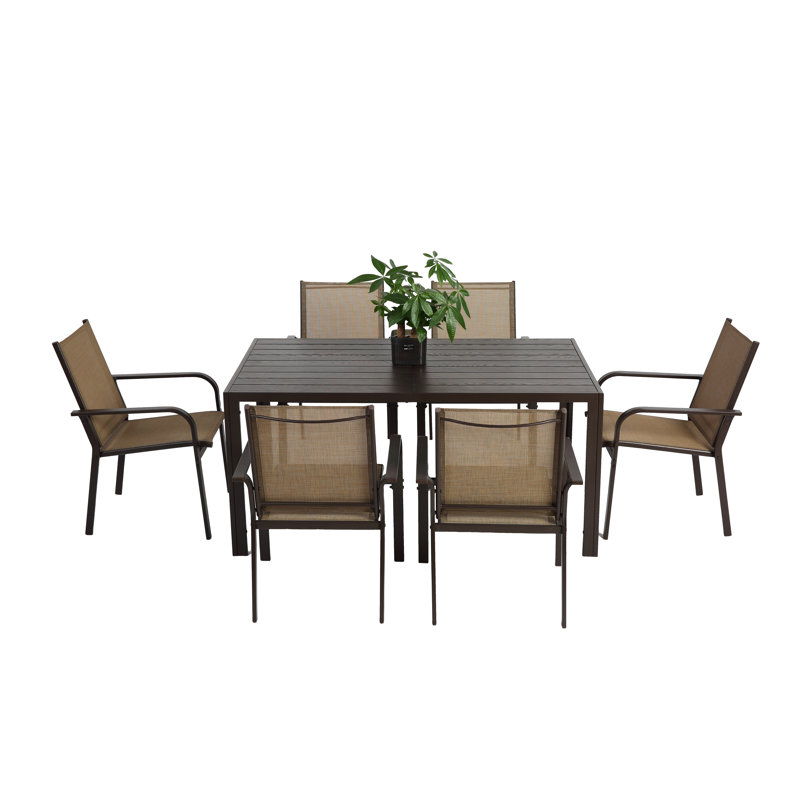 Ensemble de salle à manger 7 pièces, table de jardin et 6 chaises en textilène, ensemble de conversation avec table rectangulaire et 6 chaises empilables
