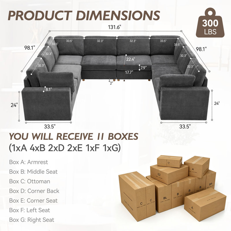 Upholstered 138.5 " Corner Sectional with Ottoman, Grey Chenille