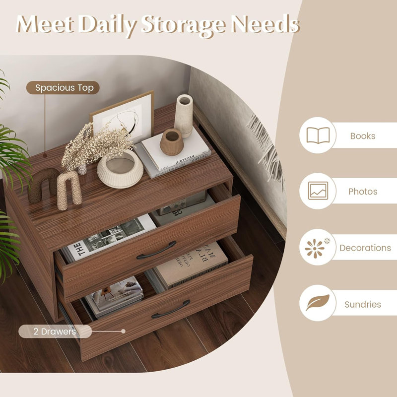 2-Drawer Stackable Dresser, Lateral File Cabinet With Metal Handle, Horizontal Storage Cabinet With Anti-Topping Kits, Stacking Drawer Chest For Living Room, Study, Office (1, Walnut)
