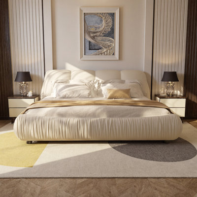 Très grand lit plateforme tapissier très grand avec dossier rembourré surdimensionné, structure en bois massif - Beige
