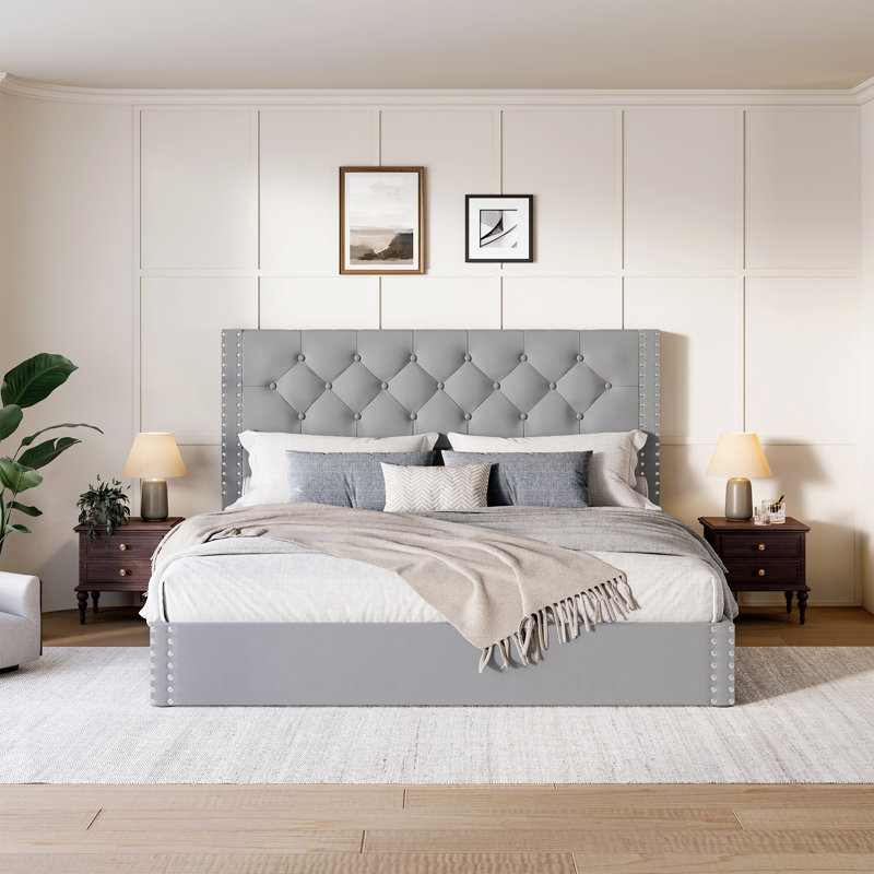 Lit plateforme tapissier avec tiroirs de rangement, Grand lit, Gris bleu