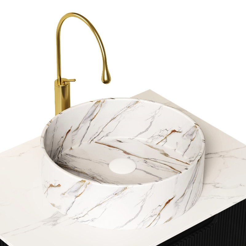 Lavabo de salle de bain vasque rond 14 po en céramique blanc brillant avec motif en pierre, une pièce, utilisation à long terme, sans robinet ni armoire nécessaire