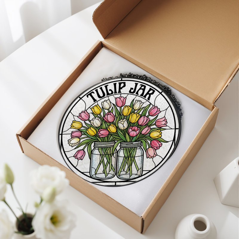 7.8"H Tulip Jar Stained Glass Window Panel, 7.8" H x 7.8" W