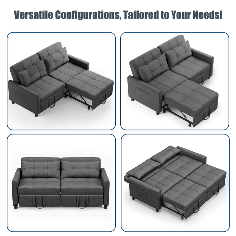 Pull-Out Sleeper Sofa with Reversible Separate Ottoman, Convertible Upholstered Sofa Bed with Adjustable Backrest, Space-Saving L-Shaped Couch for Apartment & Office
