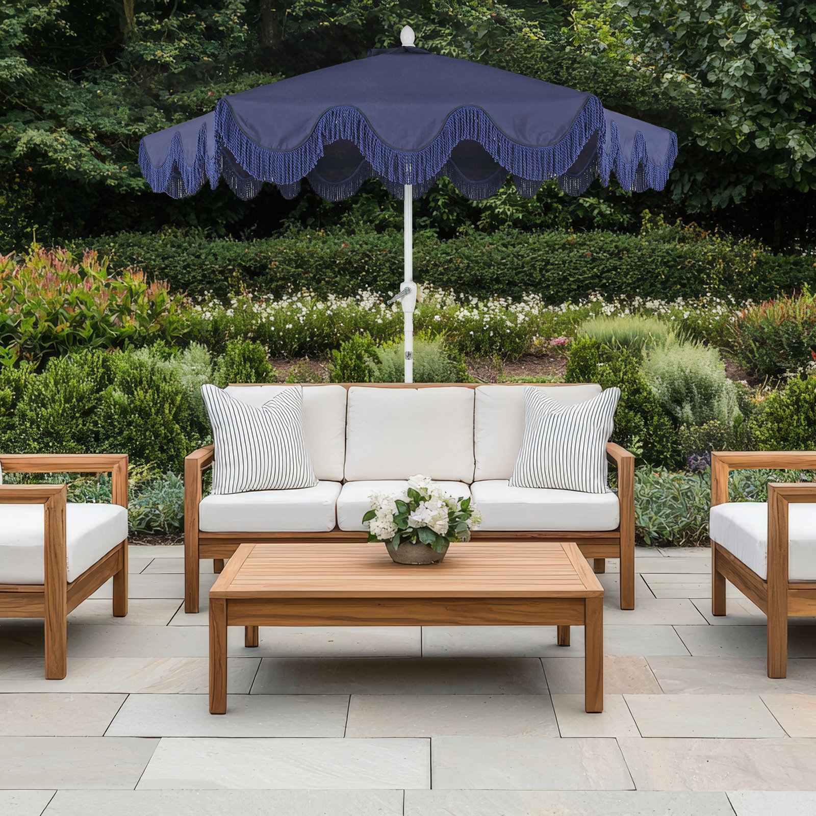 Teretha 9' Market Umbrella, White, Navy