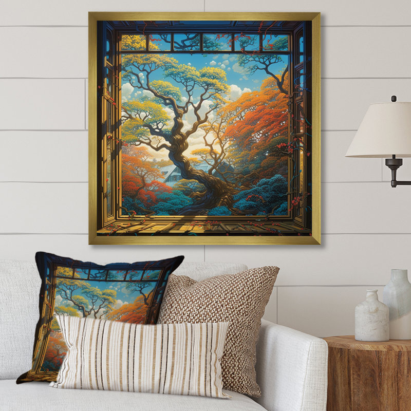 «Robleh Blue and Yellow Window Blossoms», reproduction sur toile, H 24 po x l 24 po x P 1 po, Encadrement doré