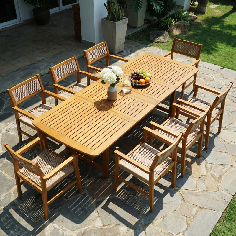 9 Piece Patio Dining Set With Rectangular Extendable Table & 8 Handwoven Chairs, 2” Umbrella Hole & Weather Resistant Outdoor Furniture Set For 8 - Natural