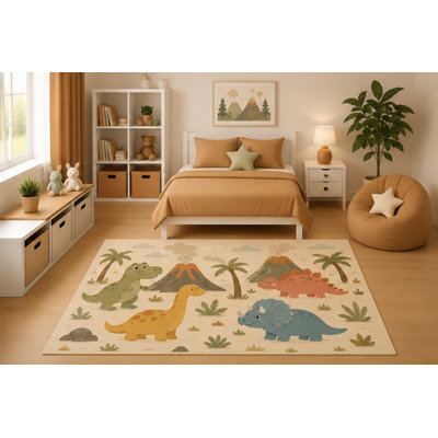 "Ultra Lightweight" 5'x7' Cute Dinosaur Volcano Area Rug Cartoon Prehistoric Adventure Nursery Bedroom Playroom Decor for Boys and Girls Non-Slip Silicone Backing Low Pile