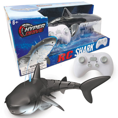 Hyper Drive: requin RC - gris - requin de natation à télécommande lumineux, 2,4 Ghz, jets d'eau, mouvement réaliste de la queue, rotation à 360 °, jeux d'eau, enfants de 6 ans et plus