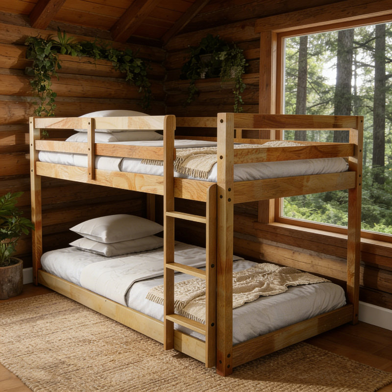 Twin Over Twin Solid Wood Bunk Beds With Ladder, Oak