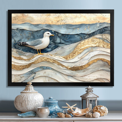 Modern Marble Seagull On Beach - Seagull Canvas Wall Art