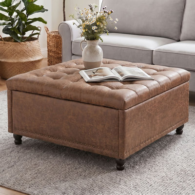 Square Storage Ottoman, Upholstered Storage Coffee Table with Rivet Decor, Rectangular Lift Top Foot Stool with Hidden Storage, End of Bed Ottoman for Living Room, Bedroom, Entryway, Brown