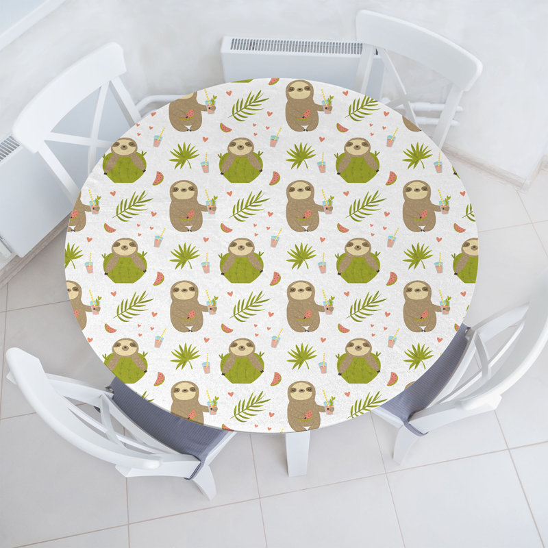 Winston Porter Cartoon Fitted Round Tablecloth Diameter White Multicolor, 64.17" Round